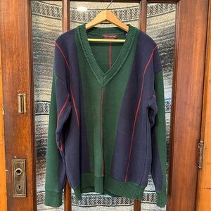 Vintage V-Neck Colorblock Sweater Green Navy 100% Cotton Eclectic Grandpa